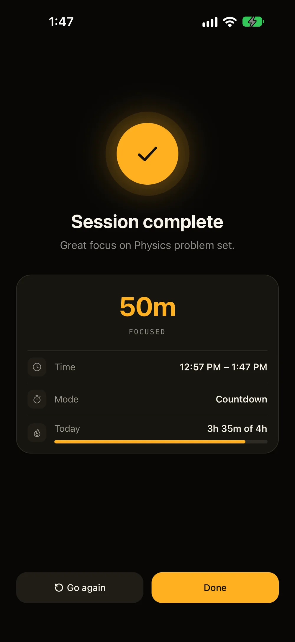 Session complete: 50 minutes focused on Physics problem set, 3h 35m of a 4h goal today