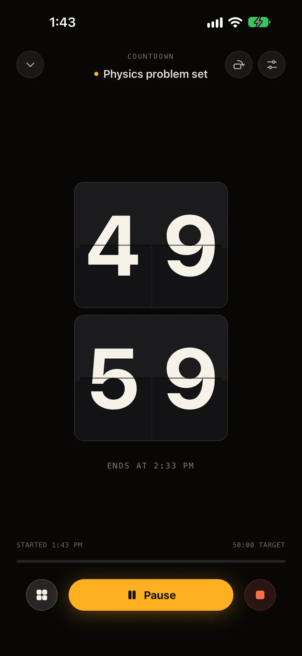 The focus screen: a flip-clock countdown at 49:59 for Physics problem set, ending at 2:33 PM