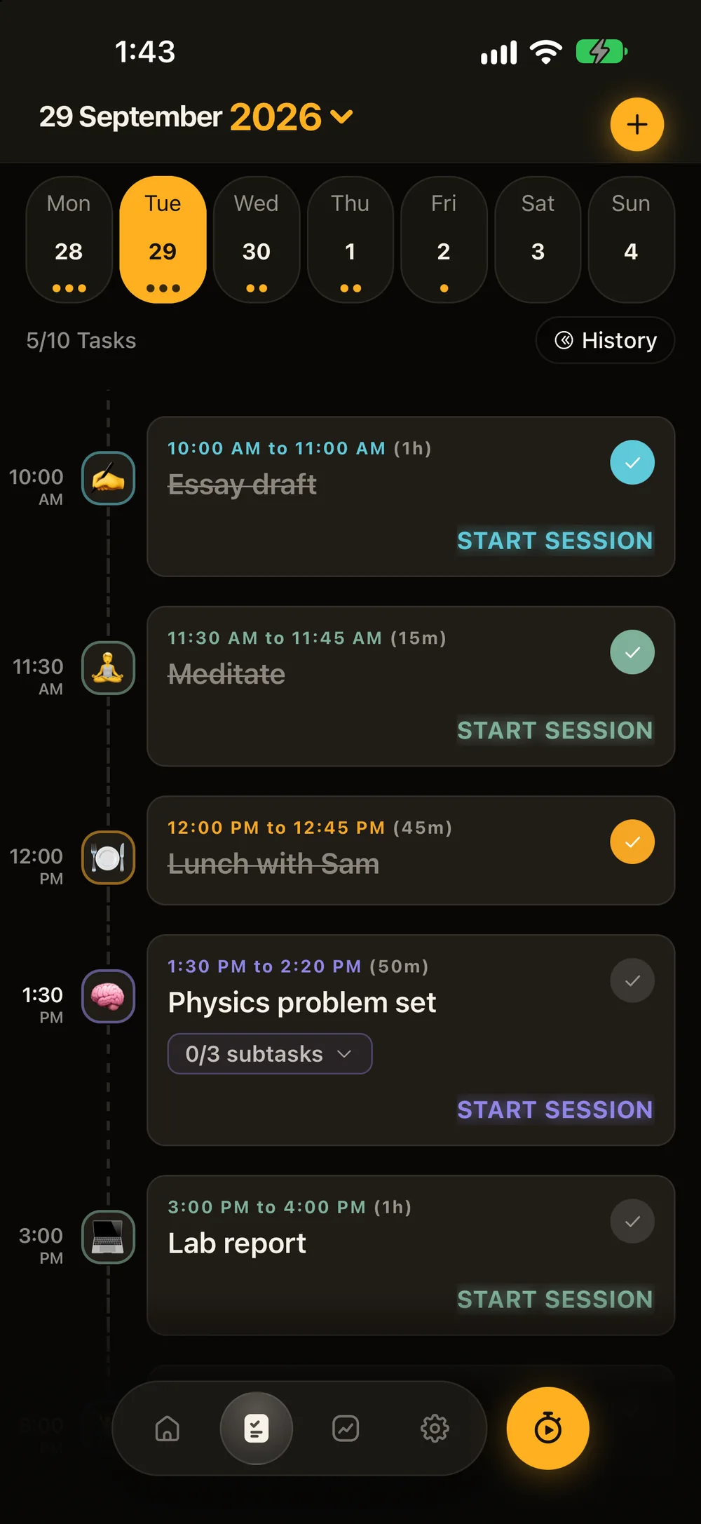 Ember's timeline: a day planned in time blocks, the 1:30 PM Physics problem set block showing Start Session